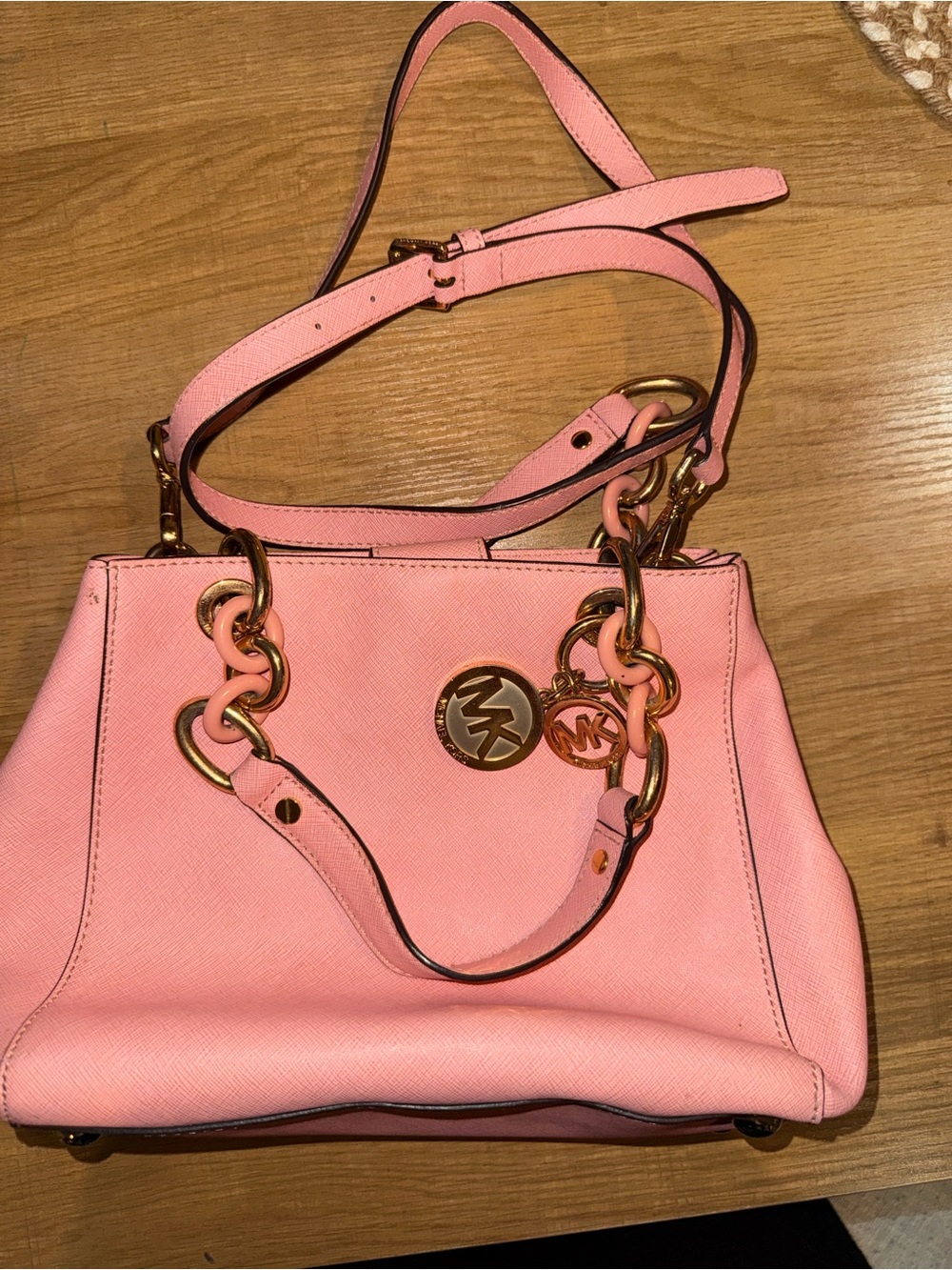 Michael Kors Pink Saffiano Satchel with Gold Hardware